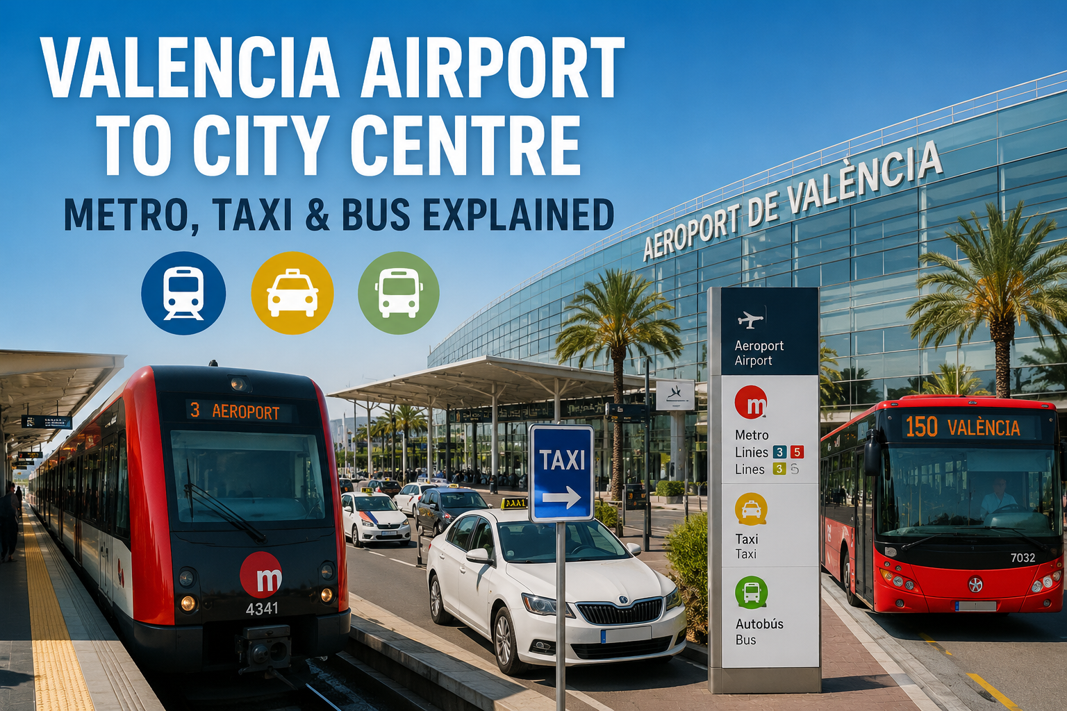 Valencia Airport to city centre by metro, taxi and bus