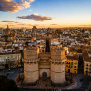 Torres de Serranos in Valencia at sunset with the historic city centre in the