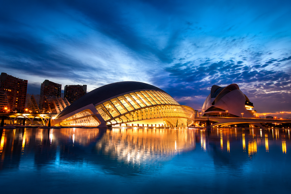 City of Arts and Sciences in Valencia illuminated at night