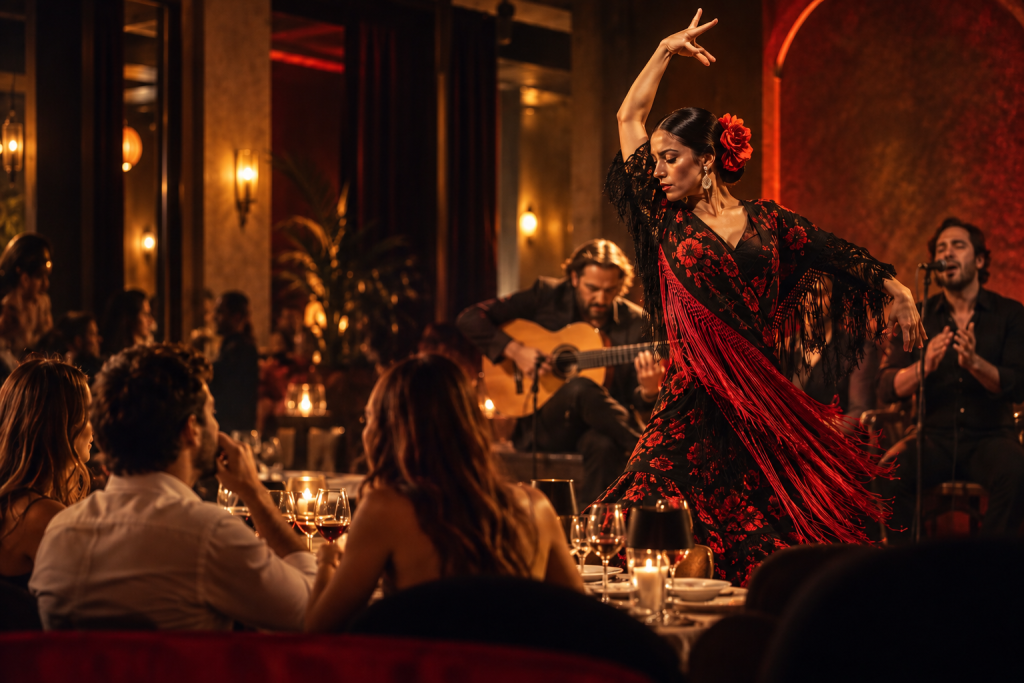 Flamenco dinner in Valencia with live dancer, guitarist and restaurant guests