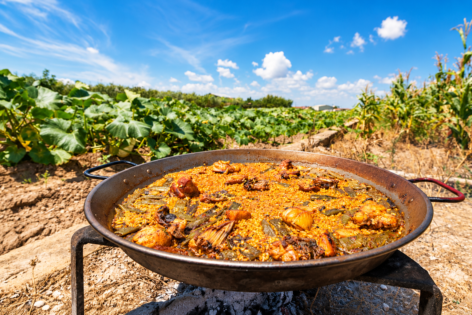 Traditional Paella Valenciana cooked outdoors in Valencia