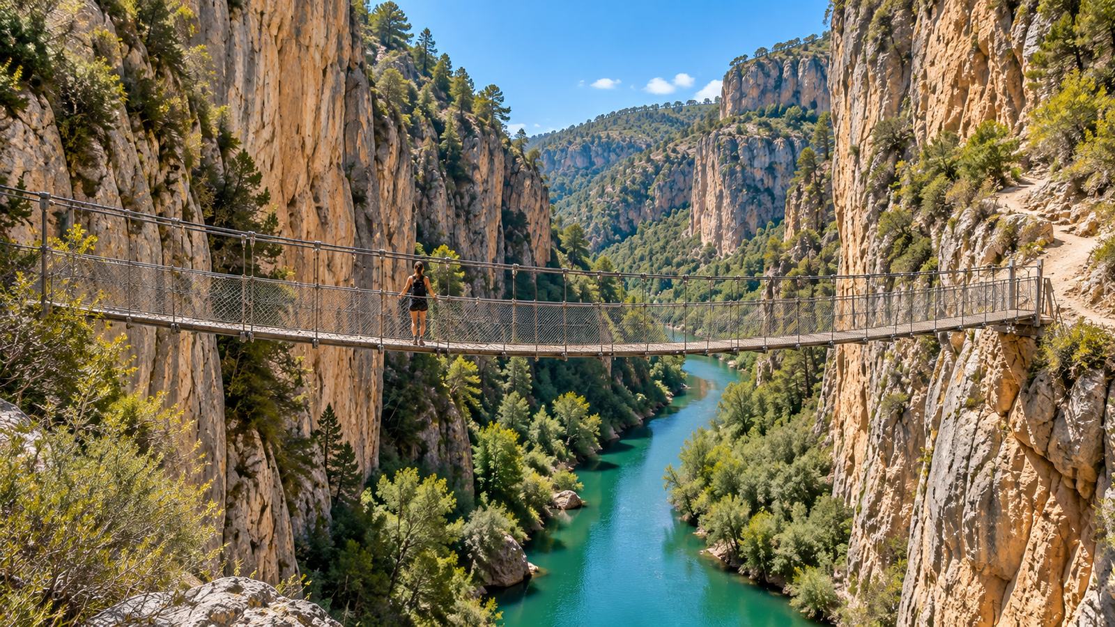 Hiking near Valencia on a suspension bridge in Chulilla canyon