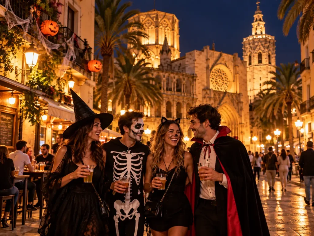 Halloween in Valencia with people in costumes near Valencia Cathedral at night