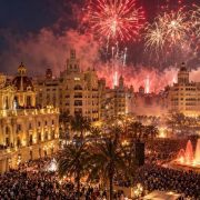 Fireworks over Plaza del Ayuntamiento in Valencia during a city celebration