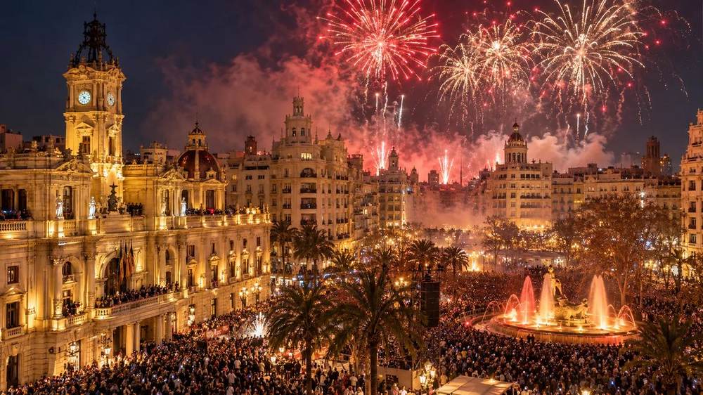 Fireworks over Plaza del Ayuntamiento in Valencia during a city celebration